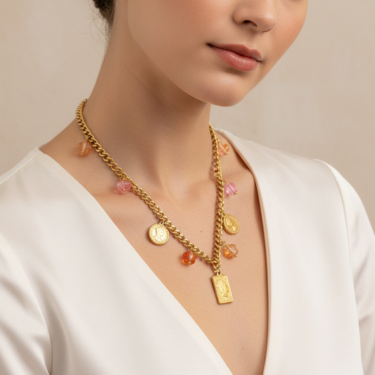 18K Gold Plated Charm & Coin Necklace with Pink Accents