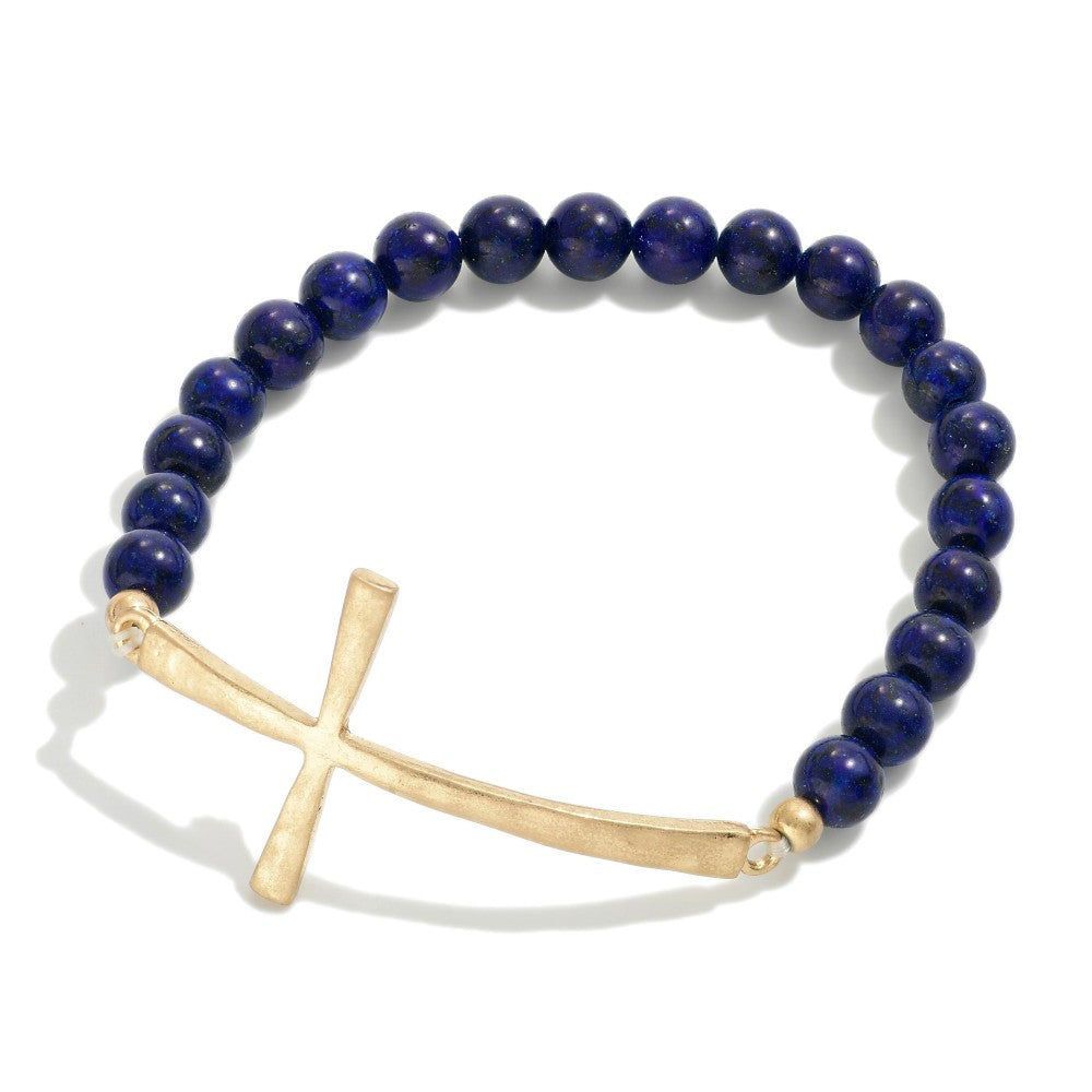 Stone Bead Stretch Bracelet with Hammered Gold Cross