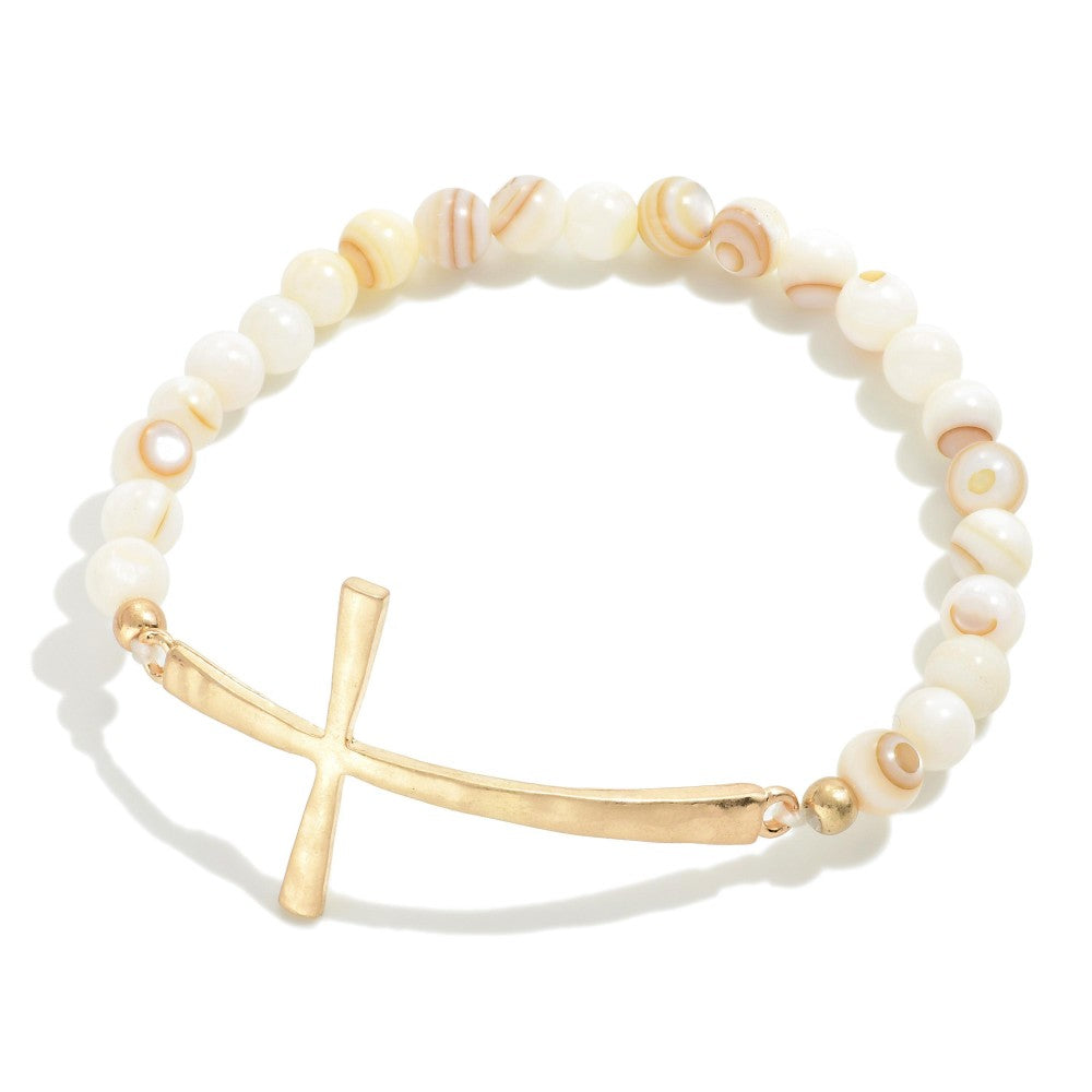 Stone Bead Stretch Bracelet with Hammered Gold Cross