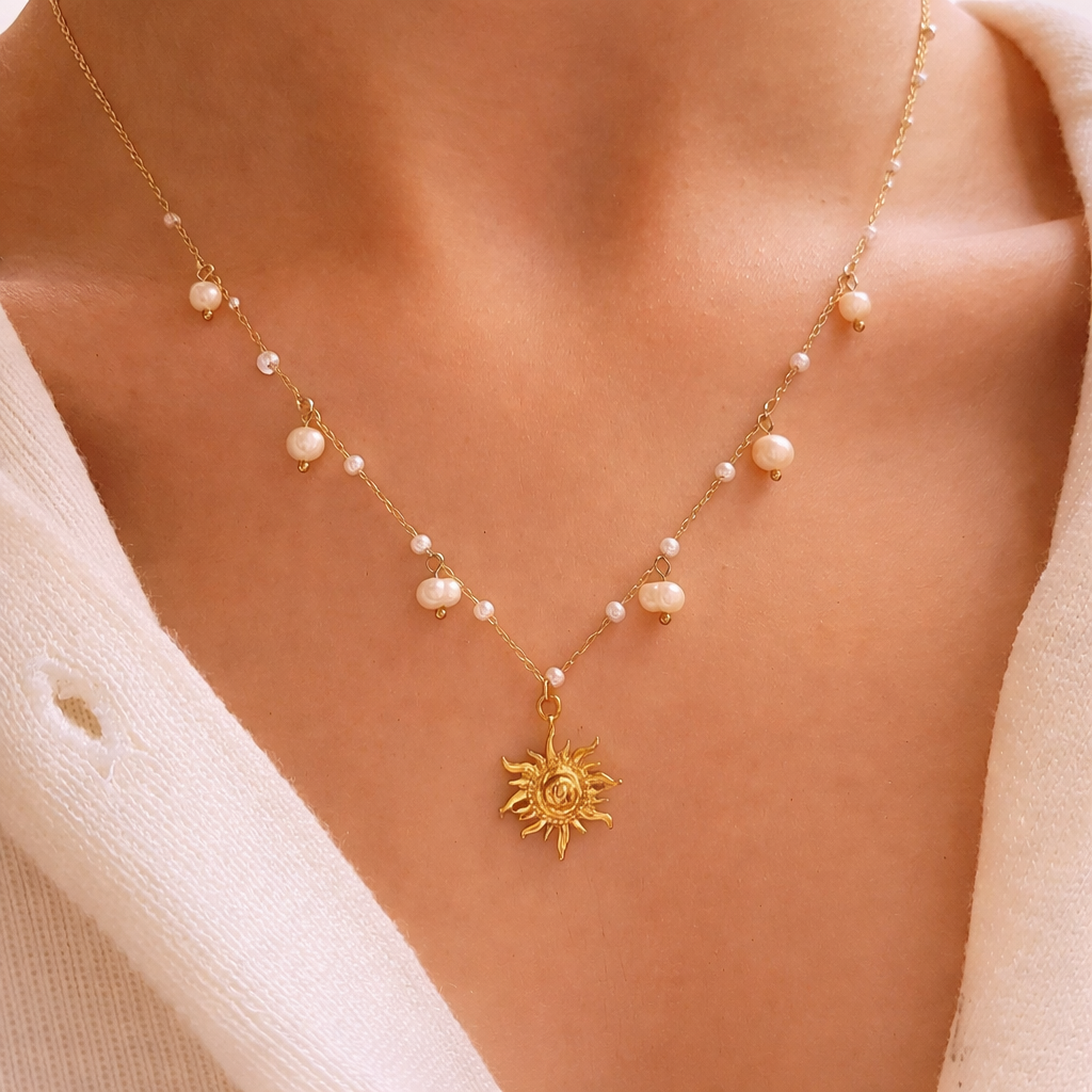 Sunburst Pendant on Gold and Pearl Chain