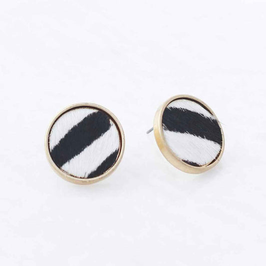 Round Cowhide Earrings - White/Brown