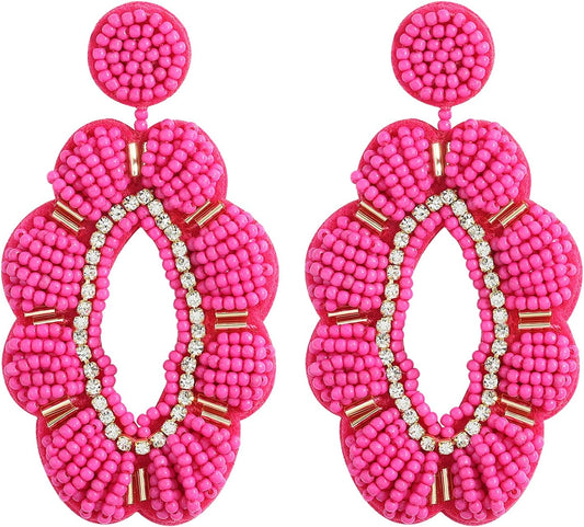 Beaded Flower Earrings with Rhinestone Accents - Fuchsia
