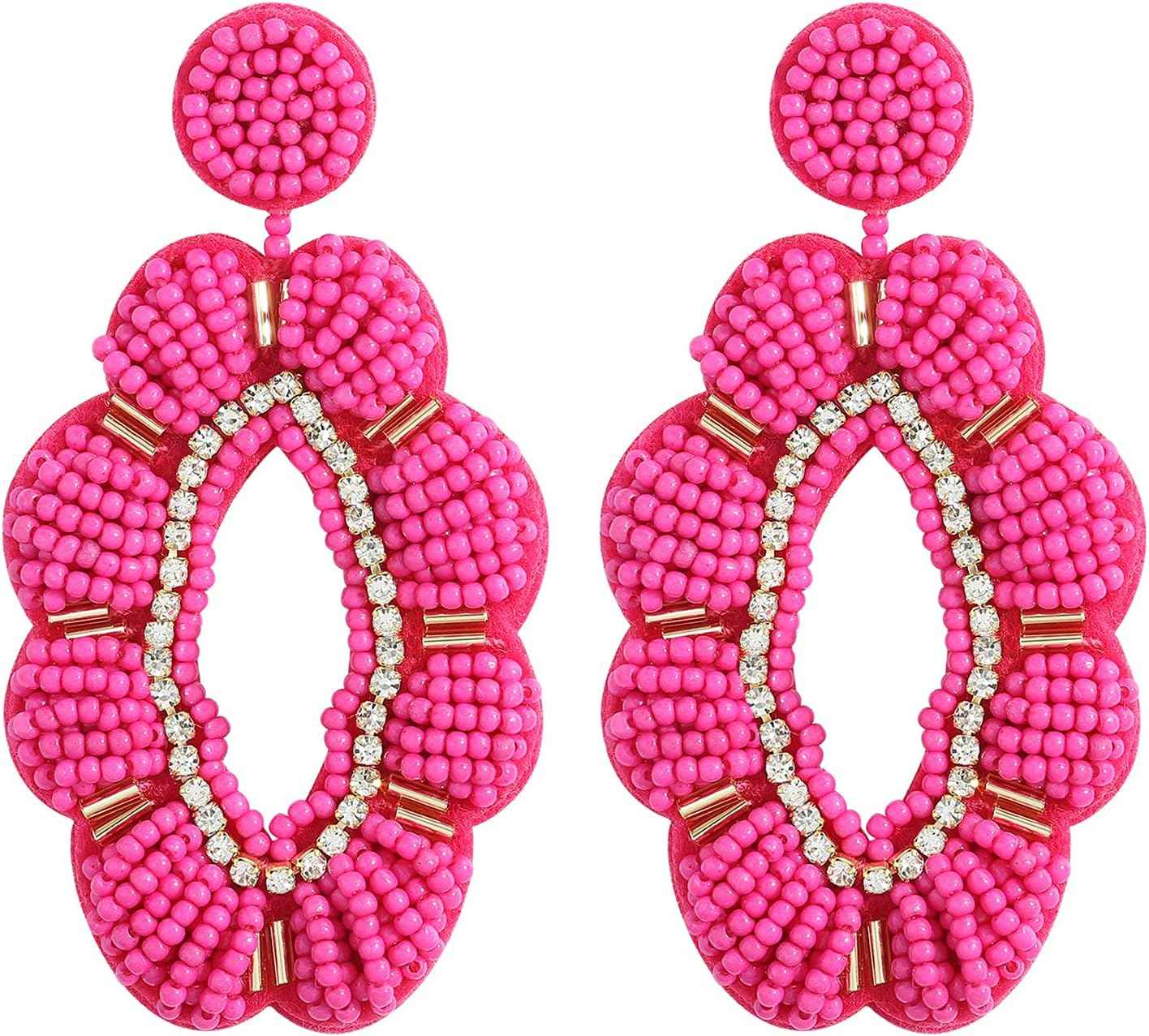 Beaded Flower Earrings with Rhinestone Accents - Fuchsia