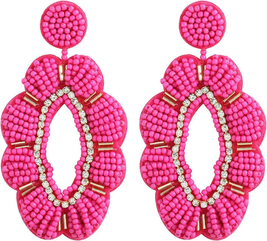 Beaded Flower Earrings with Rhinestone Accents - Fuchsia