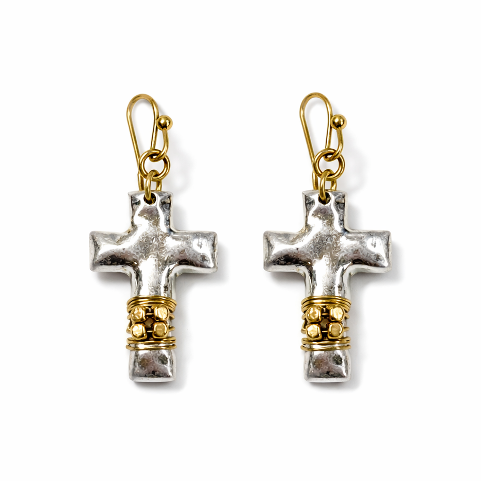 Hammered Silver Cross Earrings with Gold Accents