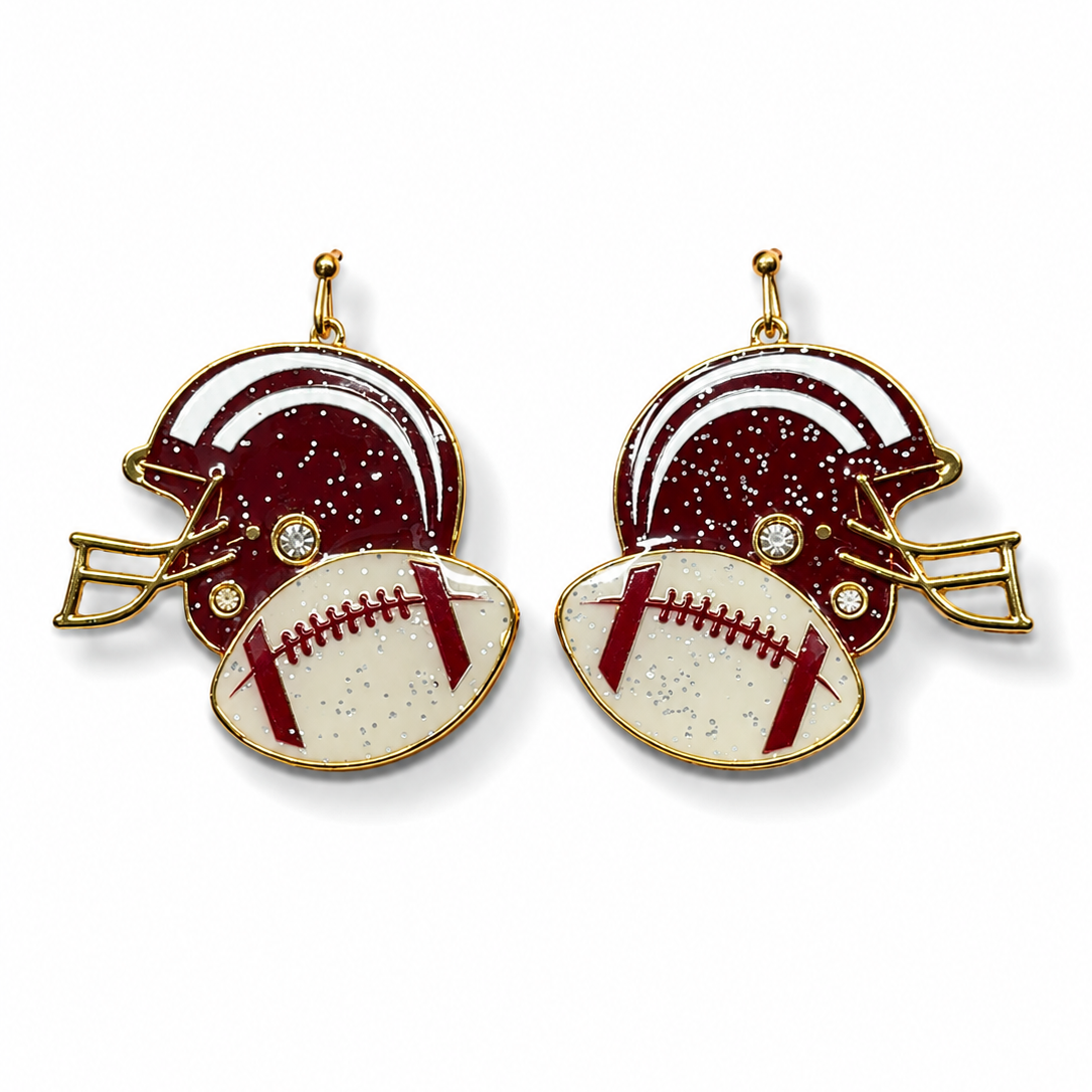 Burgundy & White Football Earrings