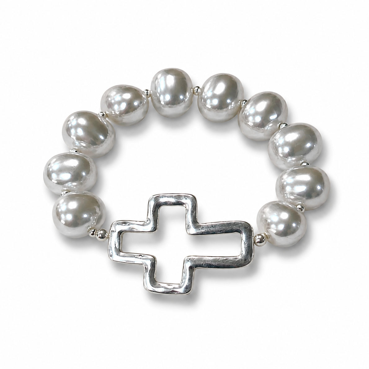Pearl Cross Stretch Bracelet - Silver Cross