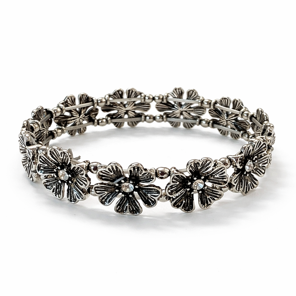 Flower Link Stretch Bracelet with Crystal Center Beads