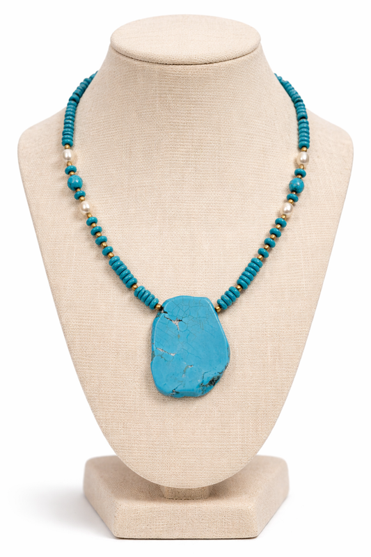 Turquoise Stone Pendant Necklace with Pearl Accents