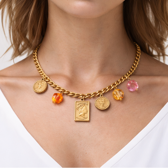 Gold Charm Necklace with Crystal Accents