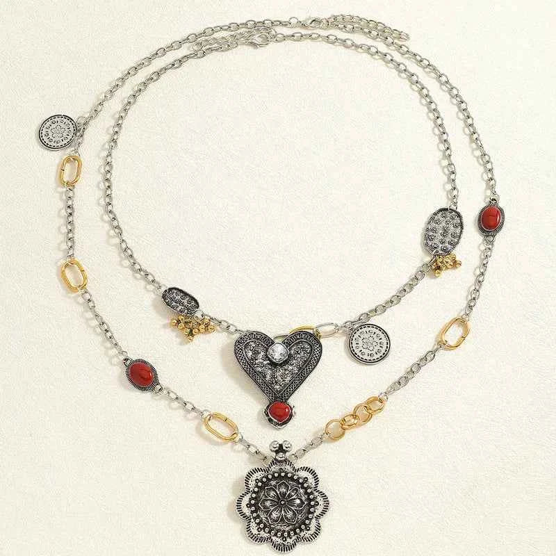 Geometric Flower Heart Multi-Layered Twist Chain Necklace