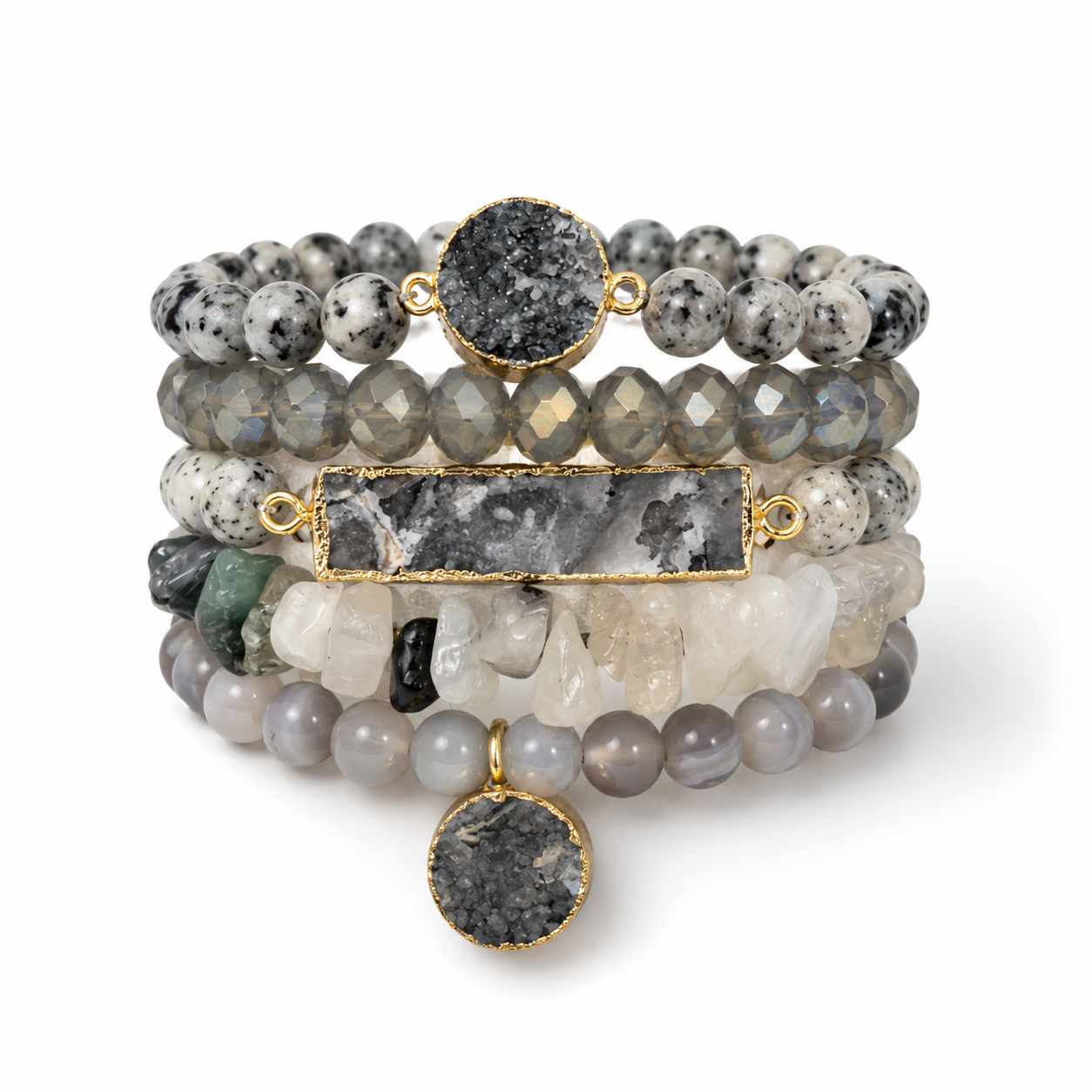 5pc Bracelet Stack with Natural Stones & Crystals