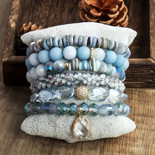 6 pc Blue Bracelet Stack with Natural Stones