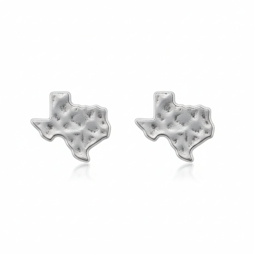 A pair of gold tone, hammered matte finish state of Texas stud earrings.
