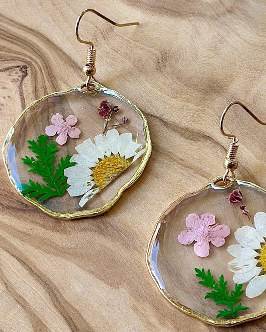 Round Pressed Flower Drop Earrings