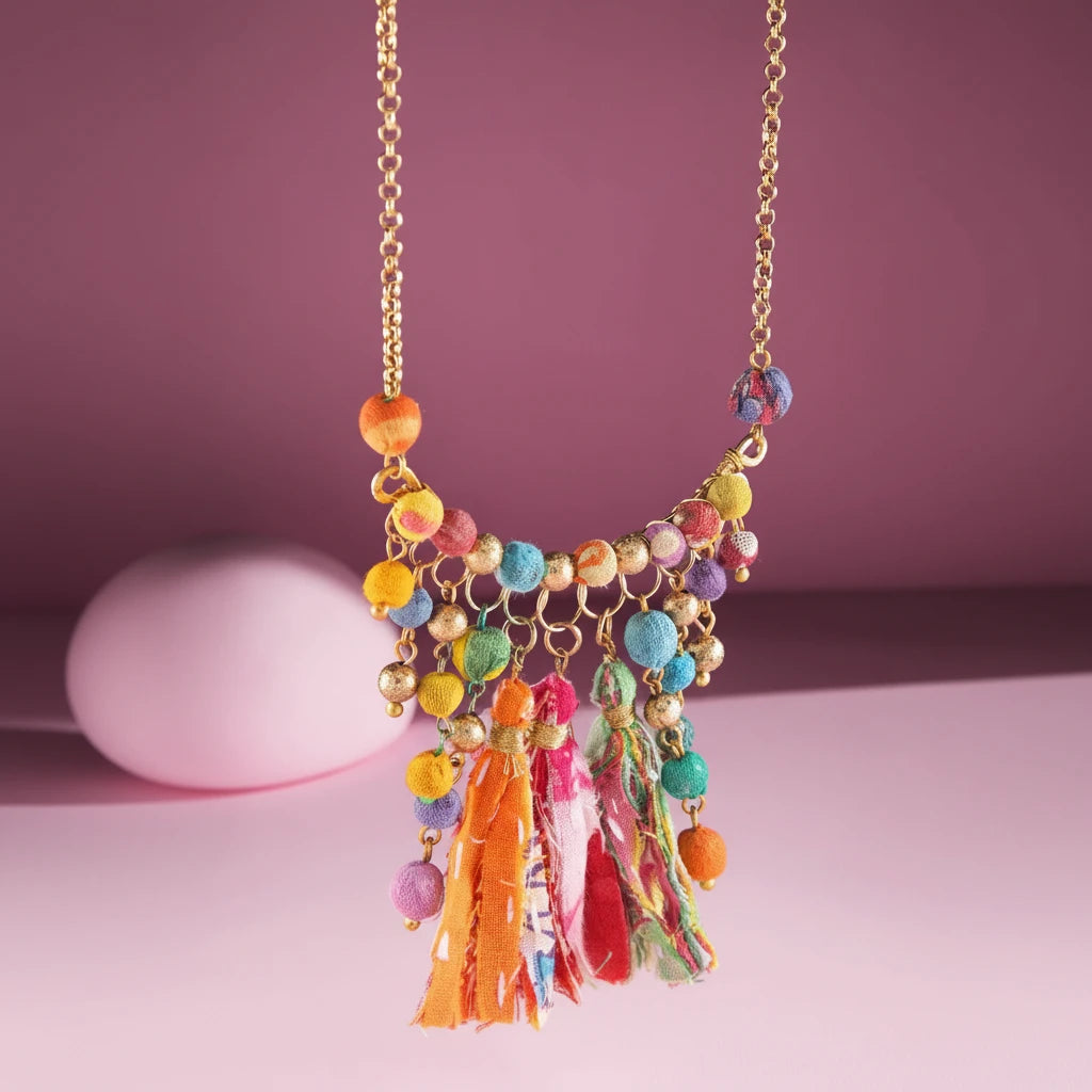 Colorful Fabric Beaded Pendant Necklace