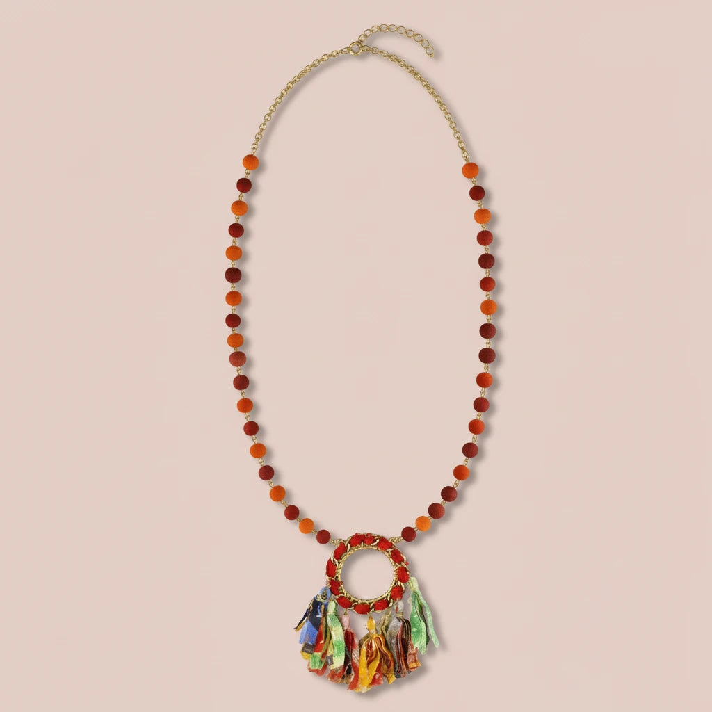 Colorful Fabric Beaded Circle Pendant on Gold Chain
