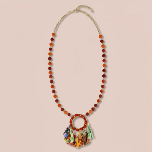 Colorful Fabric Beaded Circle Pendant on Gold Chain