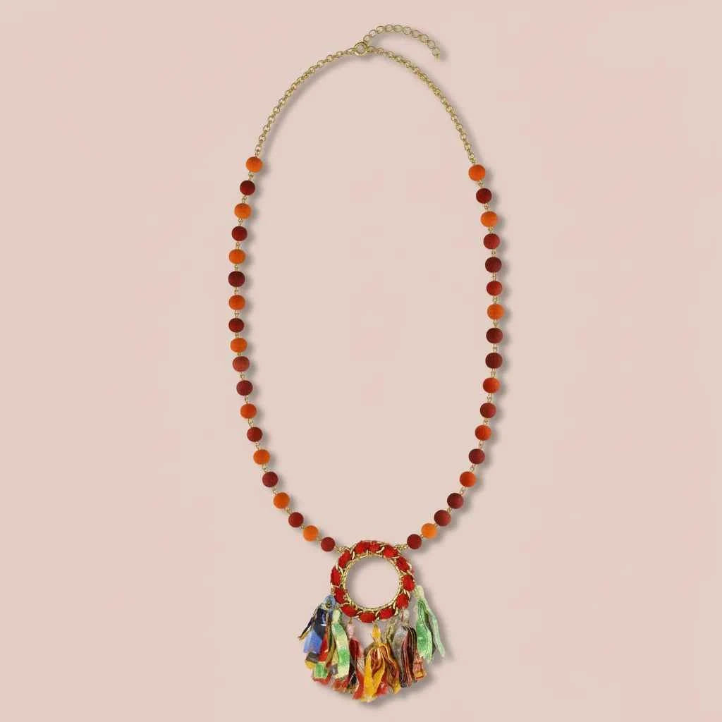 Colorful Fabric Beaded Circle Pendant on Gold Chain