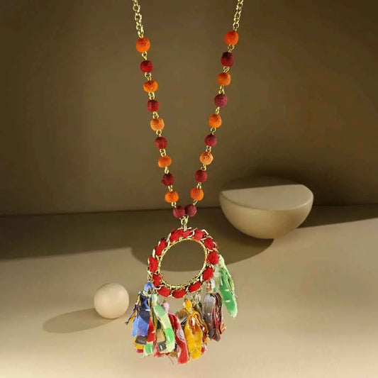 Colorful Fabric Beaded Circle Pendant on Gold Chain