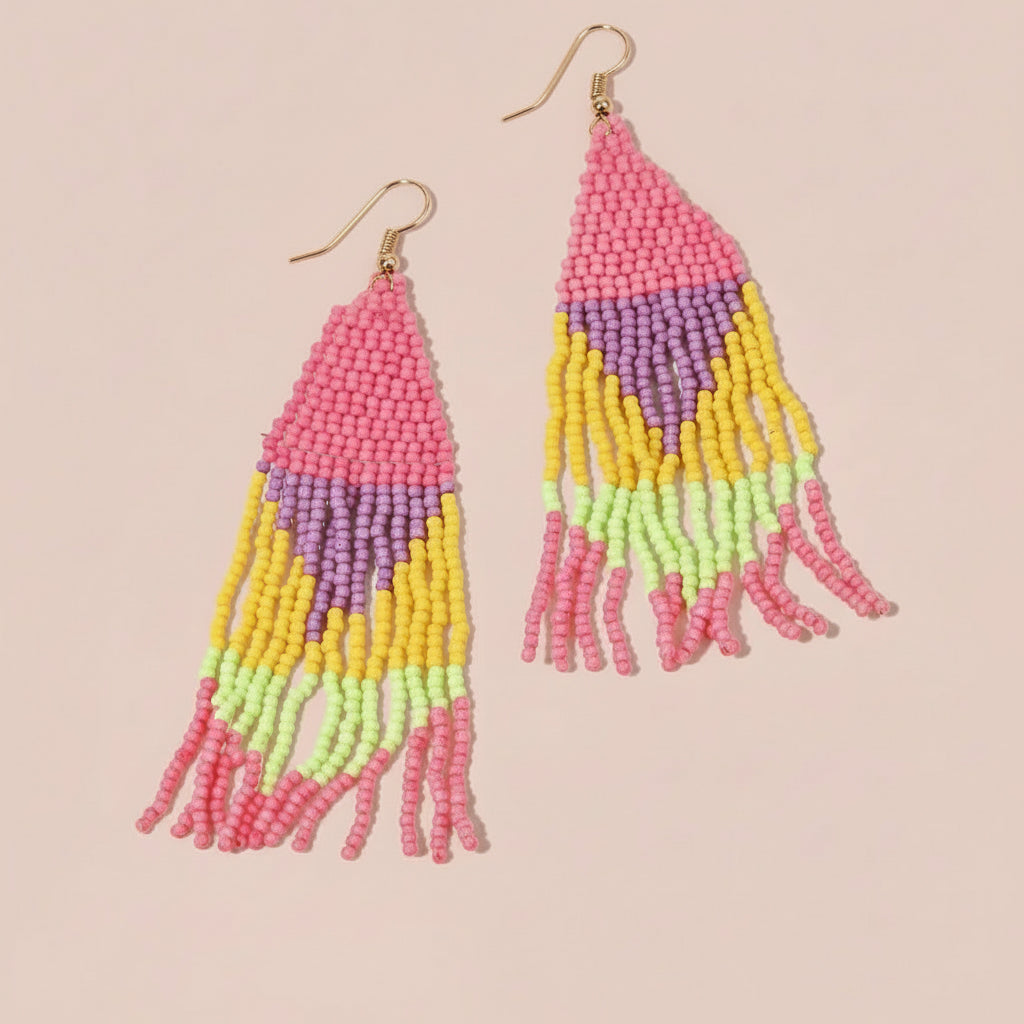 Pink, Purple, Yellow & Green Seed Bead Dangle Earrings