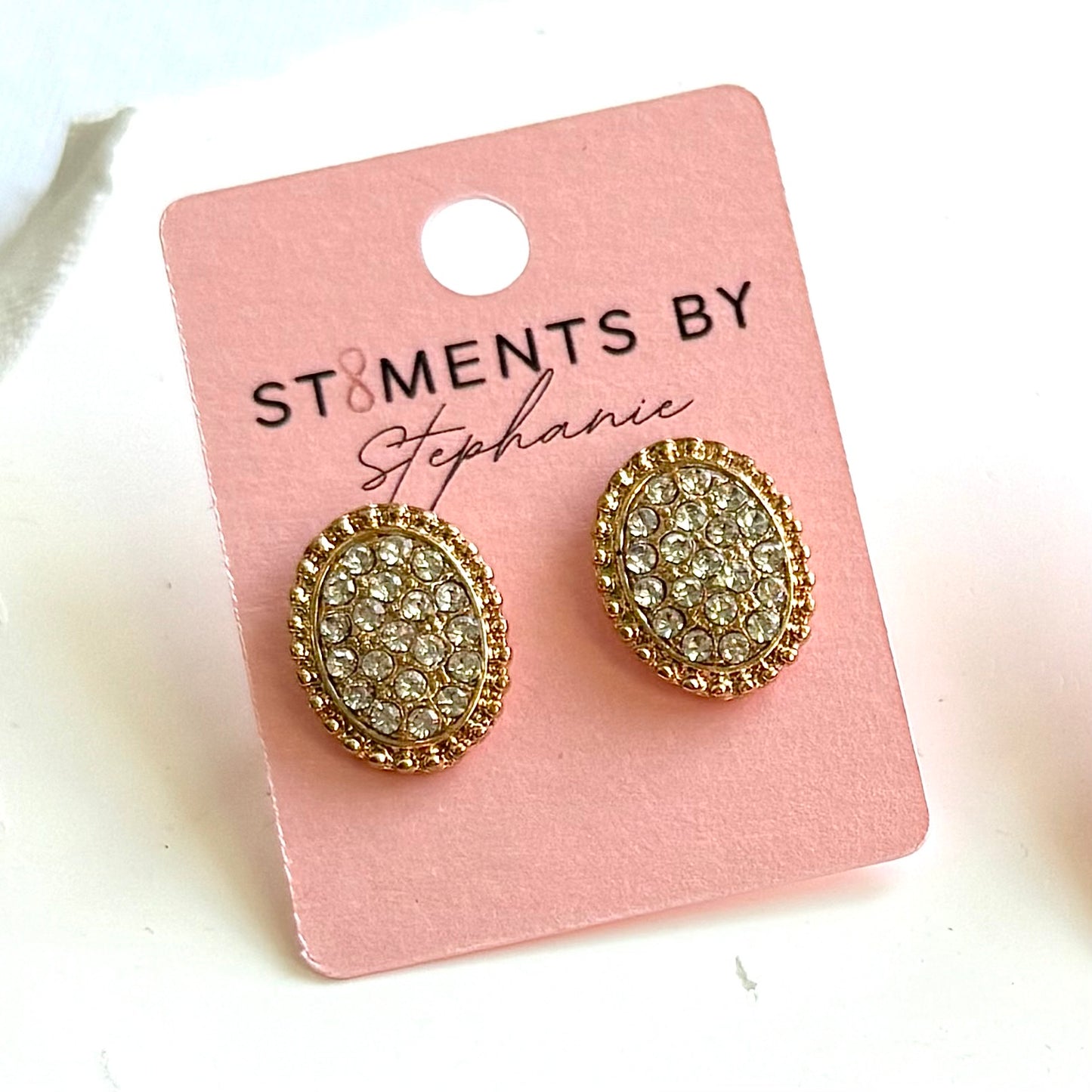 Oval Gold & Rhinestone Stud Earrings