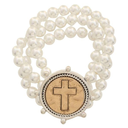 Pearl and Cross Stretch Bracelet