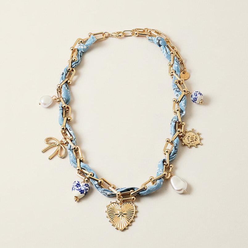 Blue Bandana Chain & Charm Necklace