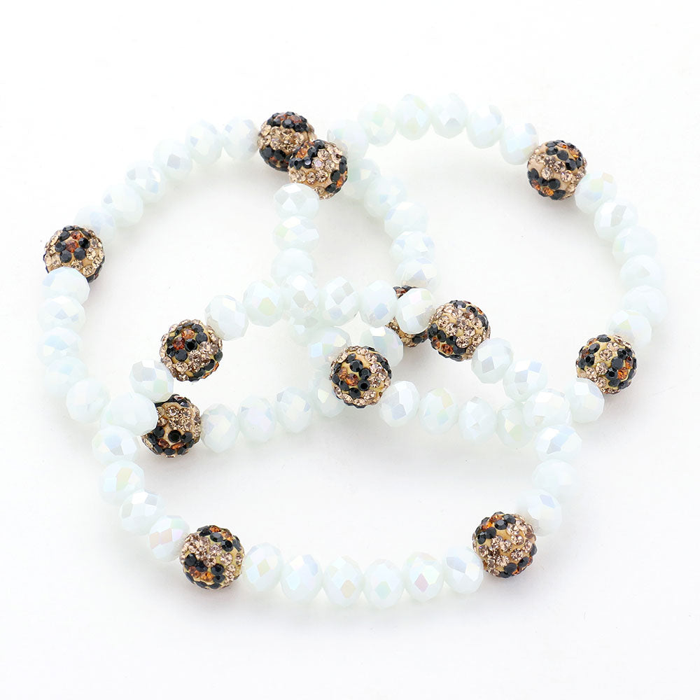 White Faceted & Leopard Bead Bracelet Trio