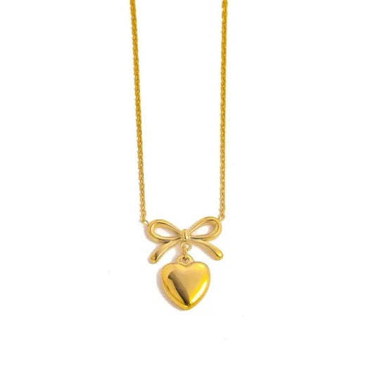 Gold Tone Bow & Heart Necklace