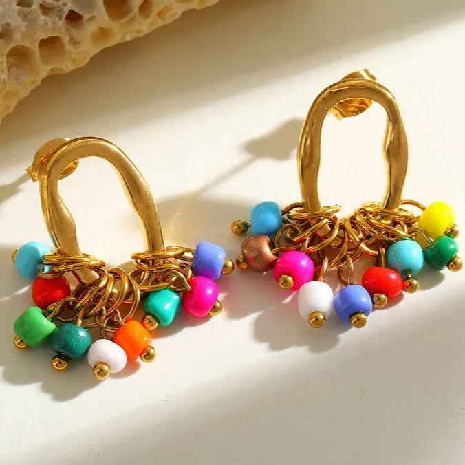 Gold Colorful Ceramic Bead Earrings