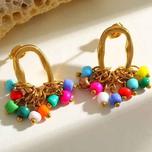 Gold Colorful Ceramic Bead Earrings