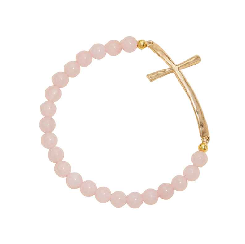 Stone Bead Stretch Bracelet with Hammered Gold Cross