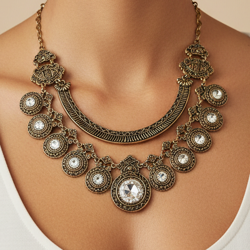 Antique Gold Crystal Medallion Bib Necklace