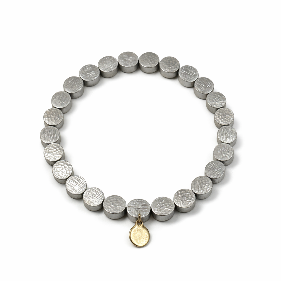 Pewter Textured Disc Bracelet with Gold Charm