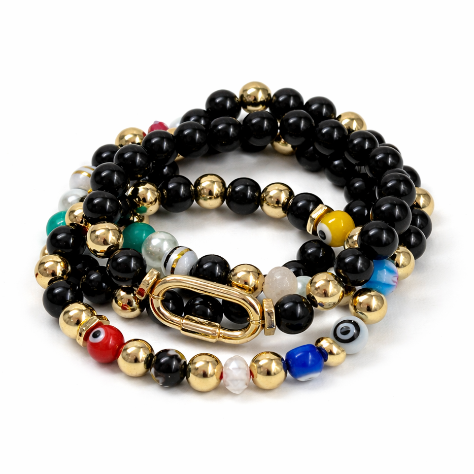 Black and Gold Multi-Color Beaded Bracelet Stack