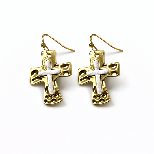 Two-Tone Cross Earrings with Cutout Design (Gold or Silver)