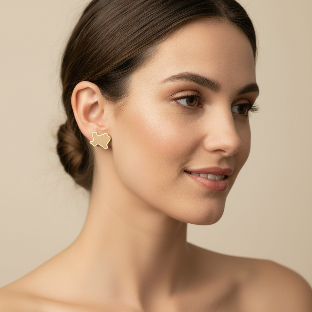 Female model wearing Texas Brushed Gold Stud Earrings