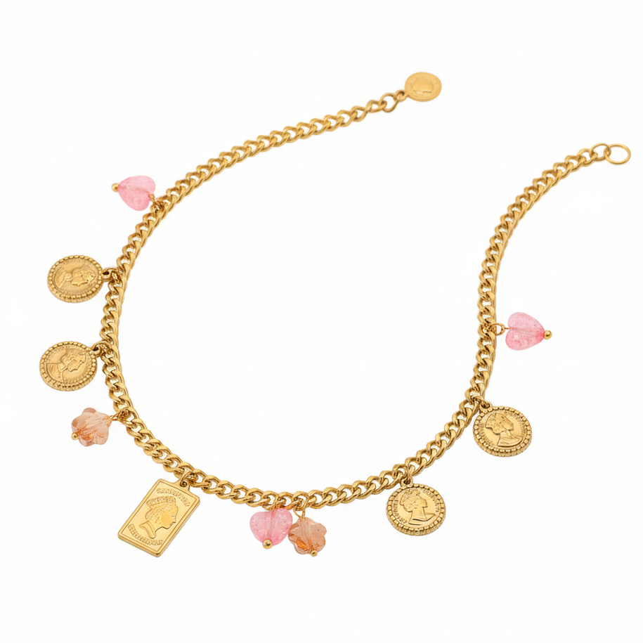 18K Gold Plated Charm & Coin Necklace with Pink Accents
