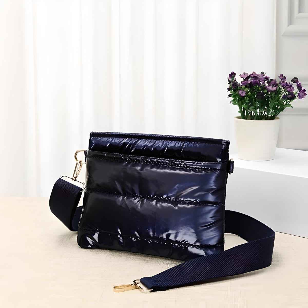 Glossy Navy Puffer Cross Body Bag
