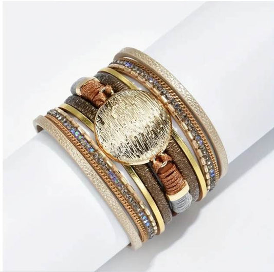 Golden Multi-Strand Leather Wrap Bracelet