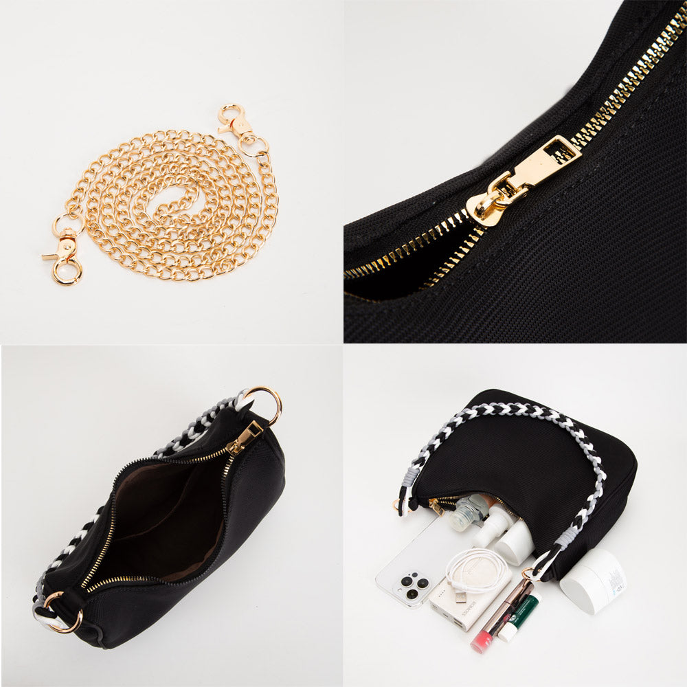 Black Pique Hobo Bag with a Braided Strap