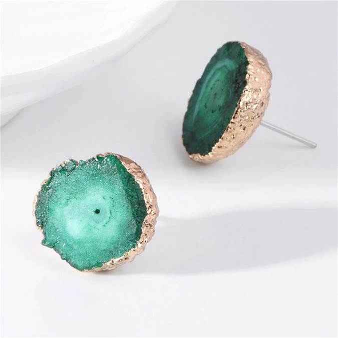 Natural Druzy Agate Crystal Stud Earrings - Green