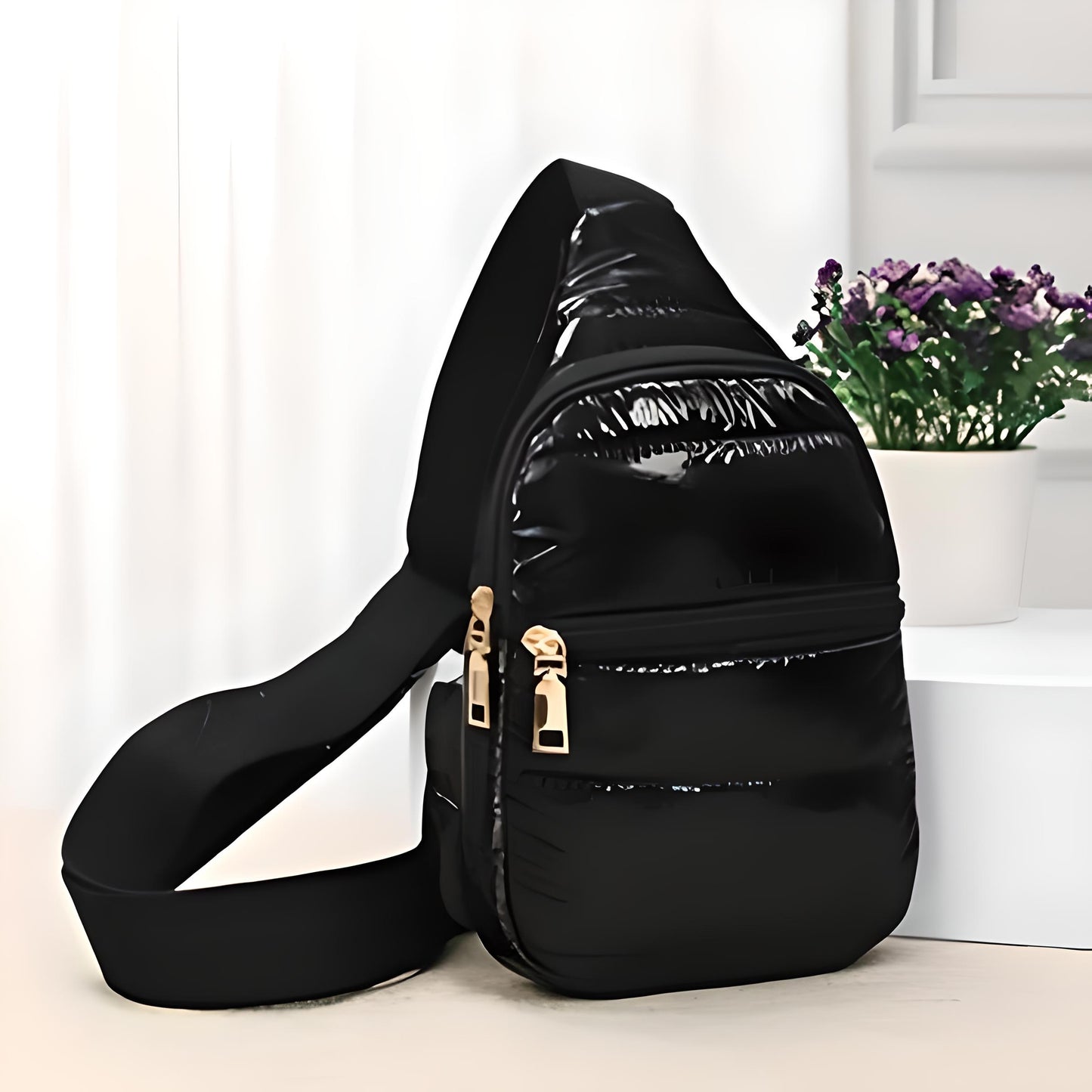 Glossy Black Puffer Mini Sling Bag