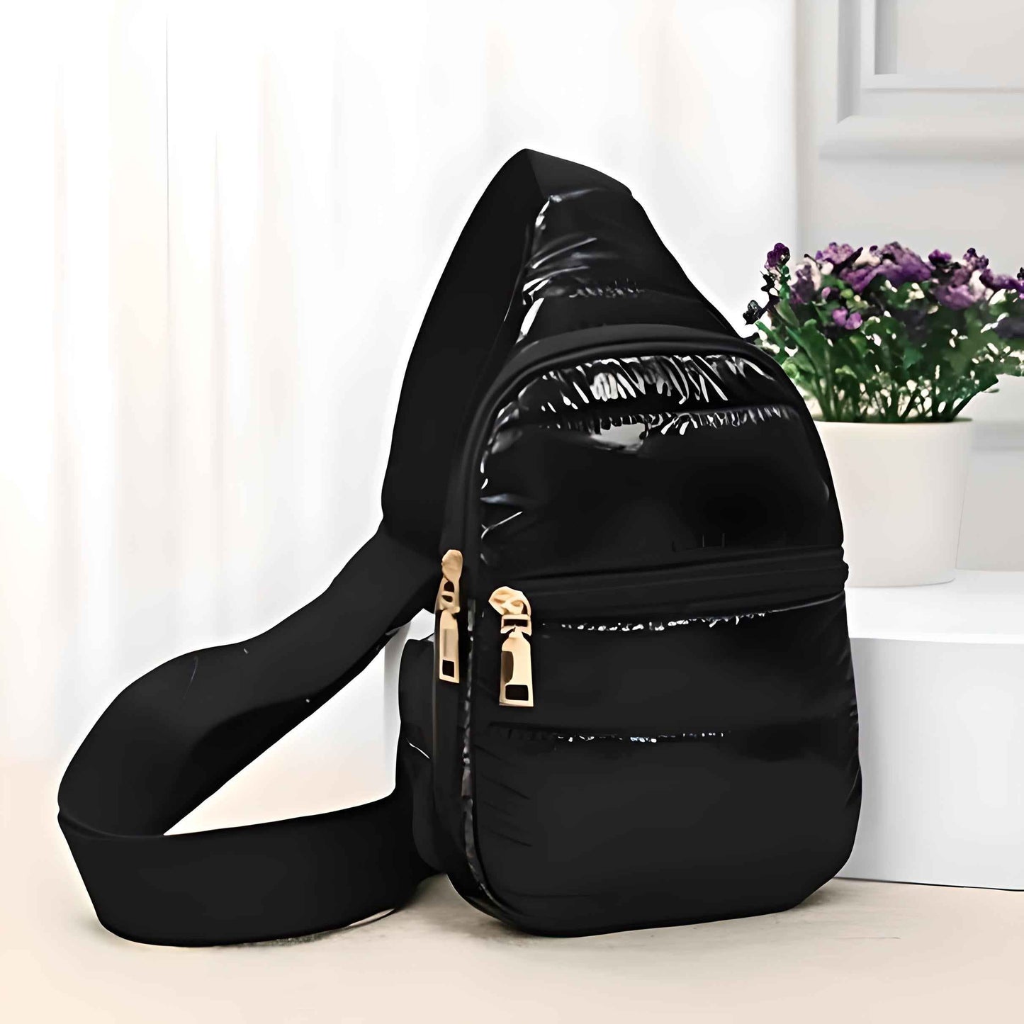 Glossy Black Puffer Mini Sling Bag