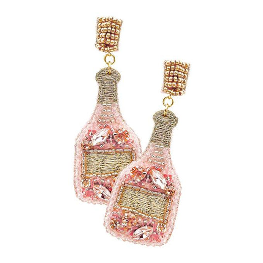 Pink Glitter Champagne Bottle Earrings