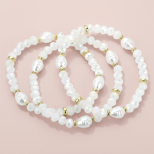 White Faceted and Pearl Bead Stack