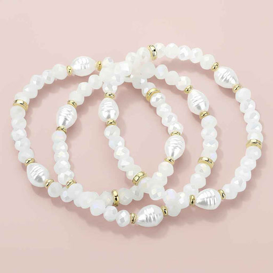 White Faceted and Pearl Bead Stack