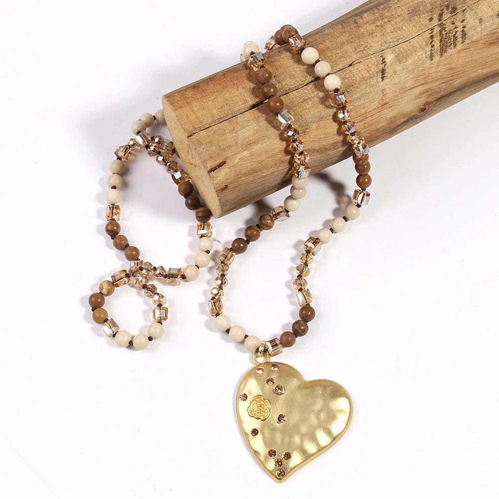 Boho Bead & Crystal Knotted Necklace Gold Heart Pendant