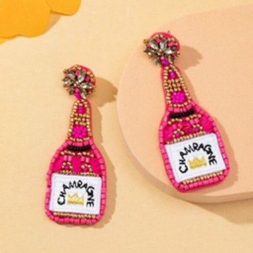 Fuchsia Pink Champagne Bottle Earrings